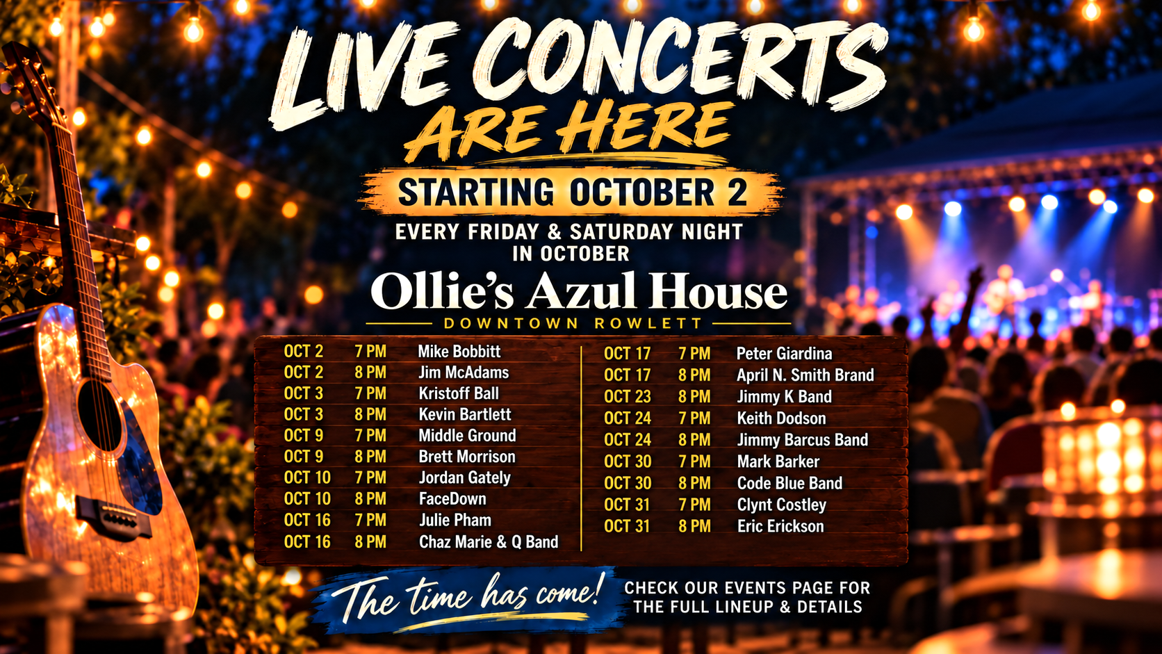 October live concert schedule at Ollie's Azul House — every Friday and Saturday night in October